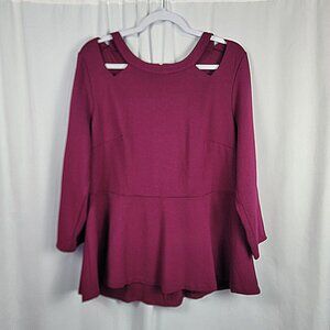 Eloquii Blouse Top Women's Size 18 Peplum Waist Burgundy Cutout Shoulders